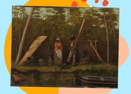 A painting of people in a forest