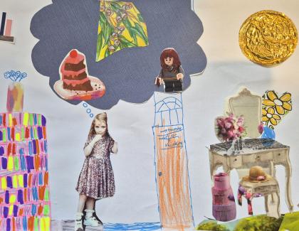 Collage of a dressing table, a little girl and a cake