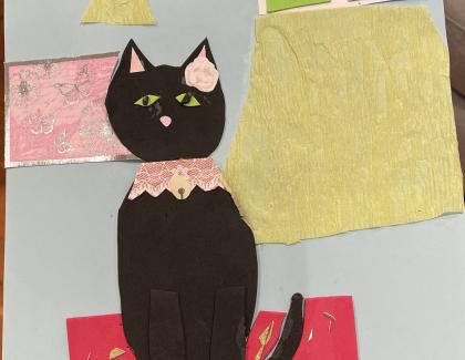 Artwork of a black cat sitting on a red rug