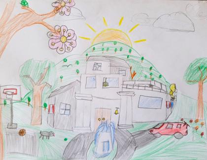 Colourful drawing of a house with a car out the front