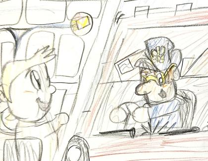 Drawing of a man driving a car