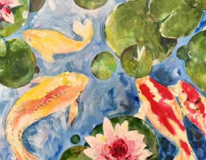 Painting of fish swimming in a lily pond