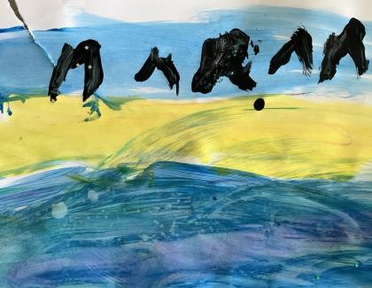 Painting with yellow, blue and black colours