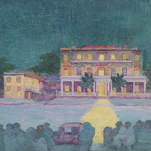 Burdekin House painted by Portia Geach with a green sky and yellow windows