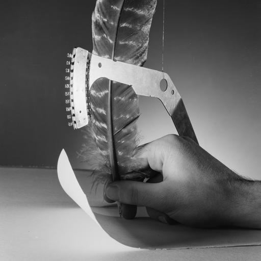 A feather in a metal device