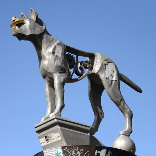 A metallic sculpture of a dog with cogs inside