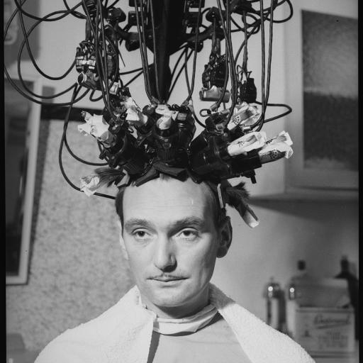 Man with electrical cords attached to his hair