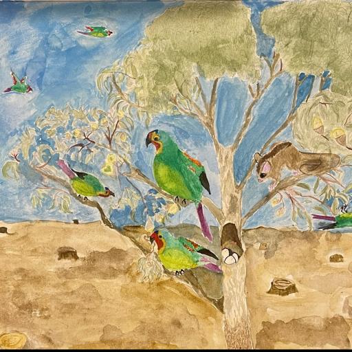 Artwork of parrots in a tree