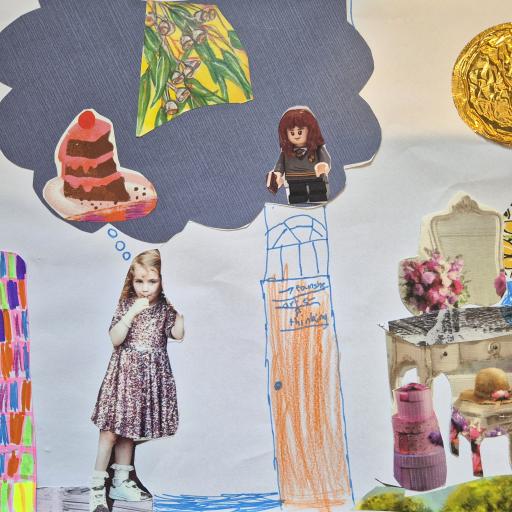 Collage of a dressing table, a little girl and a cake