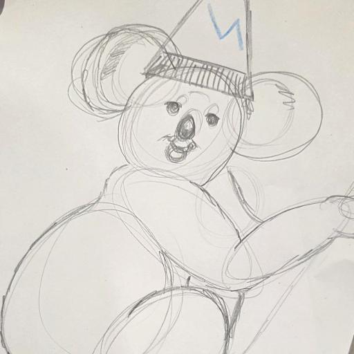 Led drawing of a koala with a party hat