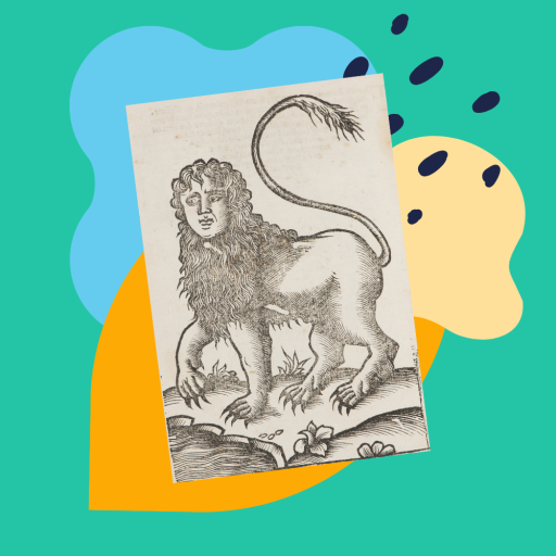Drawing of lion with mane and tail in brown, with colourful shapes in background