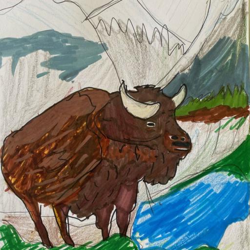 Drawing of a bison standing in front of mountains