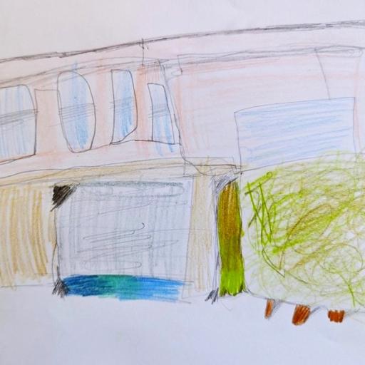 Drawing of a house in green and orange
