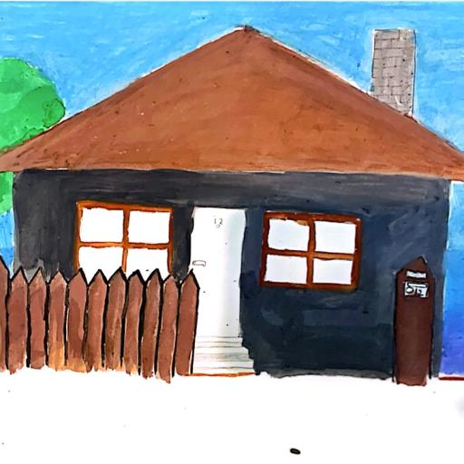 Painting of a house with a blue sky