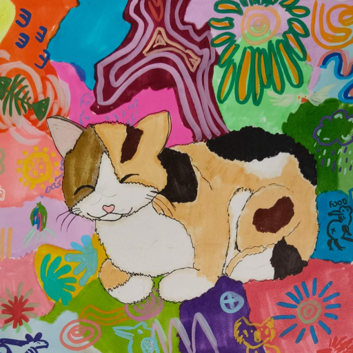 Drawing of a cat with a colourful background