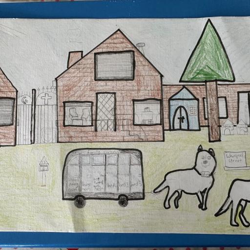 Hand drawn depiction by club member Rodney of his home including his house, caravan and two pets
