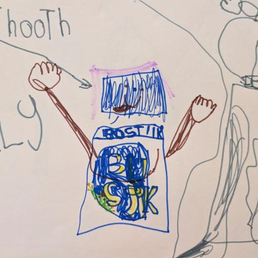 Drawing with blue and brown textas